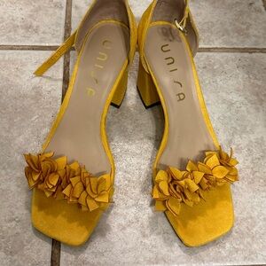 Unisa Yellow Ruffle Heels with Floral Accents
